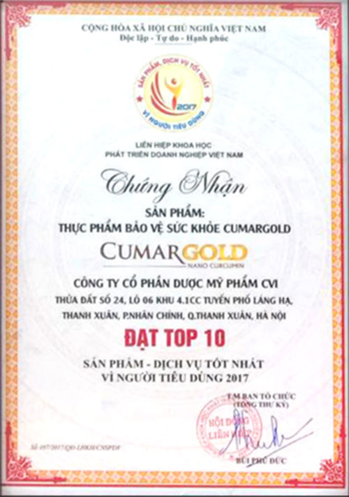 Chứng nhận CumarGold đạt huy chương vàng về sức khỏe cộng đồng