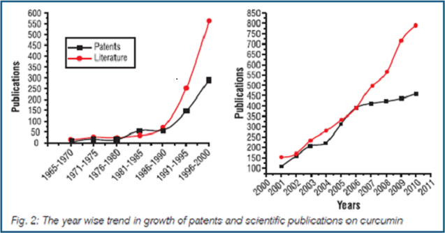 Sự bùng nố của các bài báo khoa học và các bằng phát minh về curcumin trên thế giới từng 5 năm một